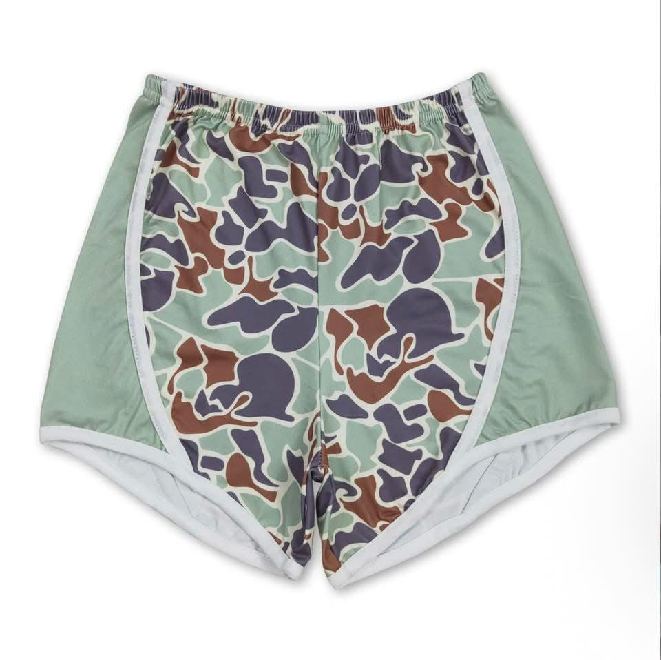 Green camo patchwork shorts